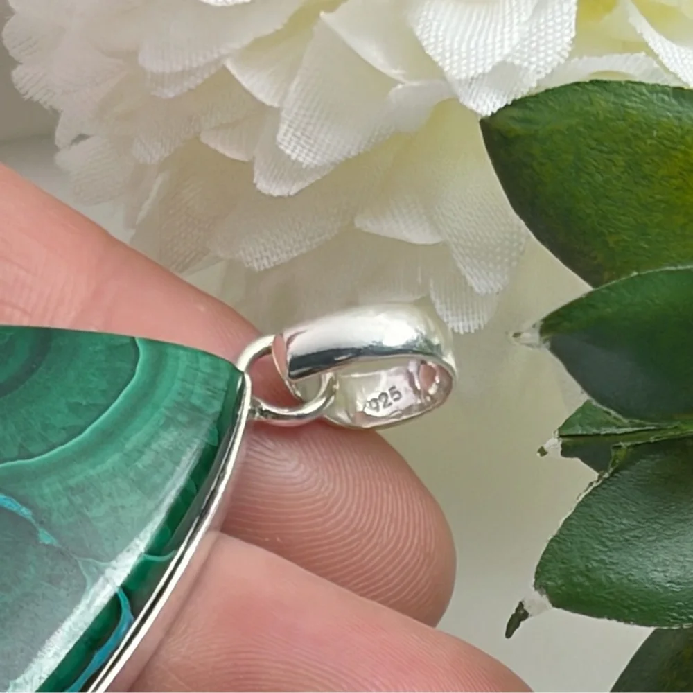 Pure Sterling Silver 925 XL Top Quality Malachite Chrysocolla Pendant Pear New